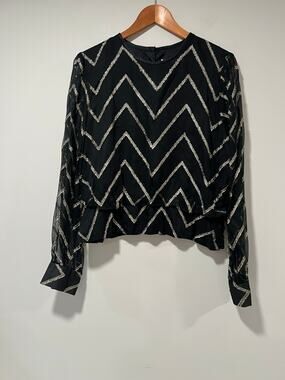 Vintage Hal Ferman Long Sleeve Cocktail Blouse Black Gold Metallic Size 16 JL